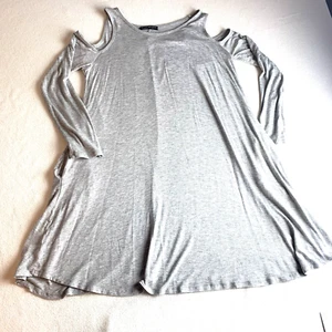 T-Shirt Dress Women’s L Gray Long Sleeve Cold Shoulder Shop Basic Pockets Soft - Picture 1 of 6