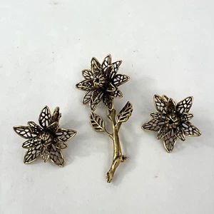 Vintage Flower Floral Brooch Pin Gold/Bronze tone Mid Century With Clip Earrings - Picture 1 of 9