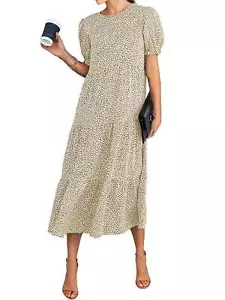Women's Casual Boho Dress Floral Print Ruffle Puff Sleeve High Waist Midi Beach# - Picture 1 of 14
