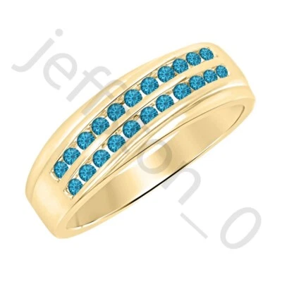 Anillo para hombre de oro amarillo de 14 quilates con topacio azul suizo creado de 0,90 quilates con banda de dos filas Foto 1 de 4
