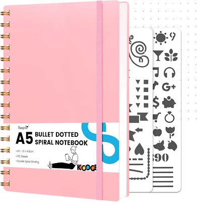 Koogel A5 Pink Dotted Notebook, Bullet Dot Grid Notepad, Wirebound Notebook - Image 1 of 4