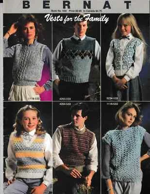 1984 BERNAT Handicrafter Book #533 VESTS FOR THE FAMILY to Knit & Crochet - Image 1 of 2