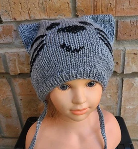 Baby Boy Girl Kitty Cat Hat Knit Gray Handmade Size 6-12 Months - Picture 1 of 12