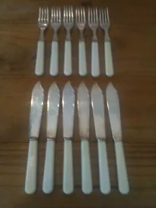 MARSDEN ENGLAND 6x FISH KNIFE KNIVES & FORK FORKS EPNS A1 FAUX BONE HANDLES - Picture 1 of 8