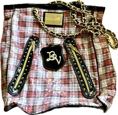 Cartera punk elegante a cuadros con lentejuelas Betsyville de Betsy Johnson, ¡excelente estado! Foto 1 de 4
