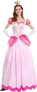Damen Erwachsene Prinzessin Pfirsich Kleid Mario Kostüm Puffärmel mit Krone Größe S - Bild 1 von 6