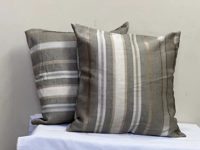 Set of 2 Stripes Cushions - 100%PET Material, Beige, 16x16 inch with Conceal Zip - Image 1 of 4