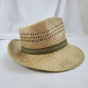 1970's Handwoven Straw Pinch Hat With Green Ribbon Metal Buckle Mens size Small - Picture 1 of 18