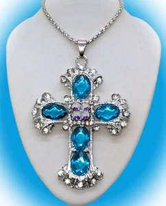 Large & Lovely! Betsey Johnson Blue & AB Crystal Silver Plated Cross Necklace - Picture 1 of 16