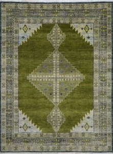 100% Wolle Teppich | Handgeknüpft Grün Modern Wohnzimmer Vorleger | ALLE GRÖßEN - Bild 1 von 27