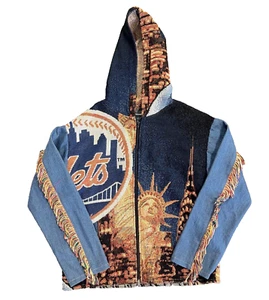 Reworked New York Mets Woven Tapestry Blanket Hooded Zip Up Fringe Jacket RARE - Picture 1 of 4