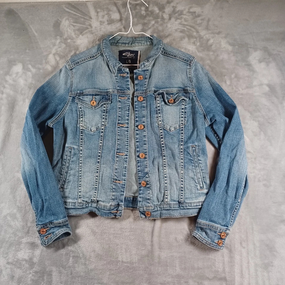 Серебряная женская джинсовая куртка размер большой водитель грузовика Strech - Изображение 1 из 4