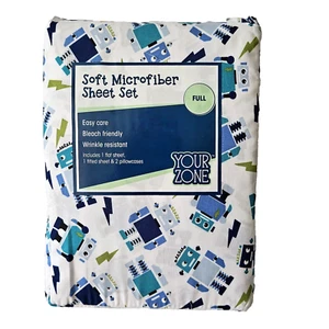 Robots Your Zone Soft Microfiber 4 pc Full Sheet Set Blue Kids Bleachable - Picture 1 of 8