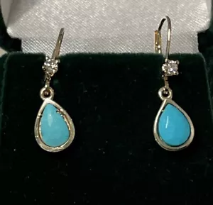DORNRÖSCHEN TÜRKIS DIAMANT & 14K GOLD TROPFEN OHRHÄNGER SELTEN - Bild 1 von 5