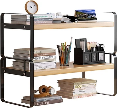 2 Tier Desktop Bookshelf Plant Stand with Metal Frame Wood Board Desk Display - image 1 of 4