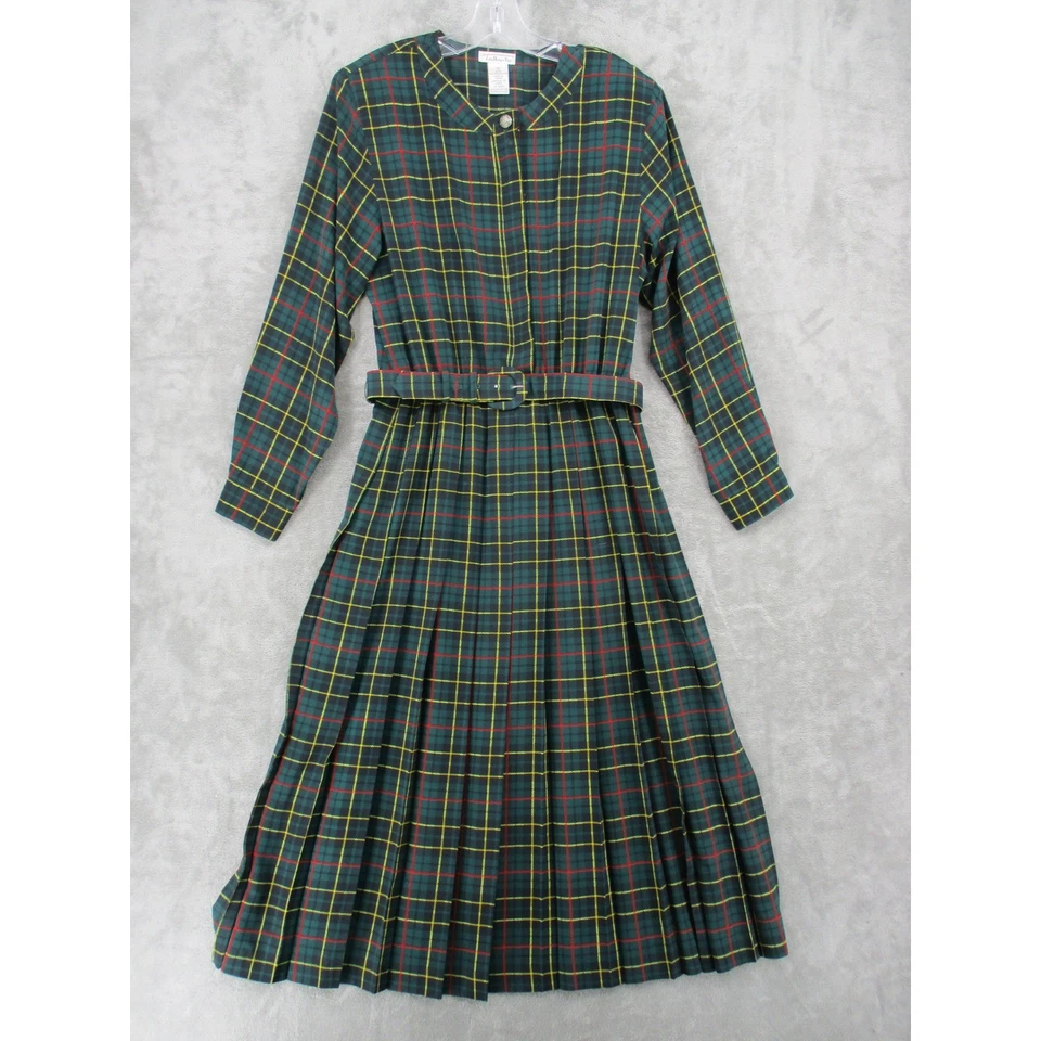 Vintage Talbots Dress 16 Plaid Modest Pleated Belted Preppy Academia Green Red - Image 1 of 4