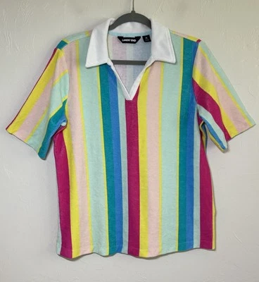 Lands' End Multicolor Terry Cloth Retro Vibe Striped Polo Shirt Size M (10-12) - Image 1 of 4