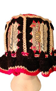 Vintage Beer Can Hat Crochet Knit Red Budweiser Beer Party 1970's Original - Picture 1 of 4
