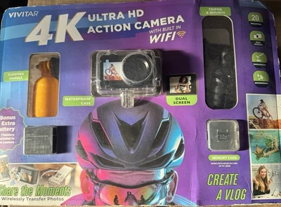 Vivitar 4K Ultra HD Action Camera Kit, Dual Screen, Wifi, Bonus Battery, 64GB - Image 1 of 2