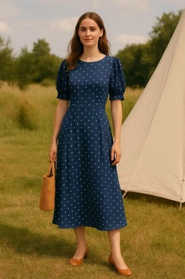 LOFT Heart Print Midi Dress 6P Petite Coquette Cottagecore Soft Girl Coastal - Image 1 of 4