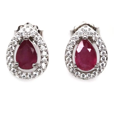925 Sterling Silver 4 x 6 mm. Pink Ruby & White Cubic Zirconia Earrings - Image 1 of 4