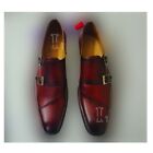 Handmade Men&#39;s Double Monk Strap Burgundy Pure Leather Stylish Shoes, Sale !!!