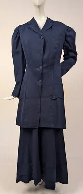 EDWARDIAN 2 PEÇAS TERNO DE CAMINHADA GABARDINE LÃ AZUL COM JAQUETA LONGA - Imagem 1 de 4