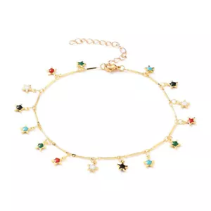 Enamel Star Charm Anklet Bracele Chain Stainless Steel Lobster Gold 9.6" Z14 - Picture 1 of 5