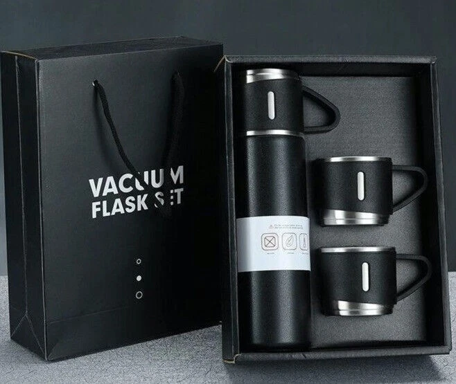 THERMOS Vacuum Insulated Flask Gift Set Stainless Steel Thermal Bottle 3 Cups Black Gift