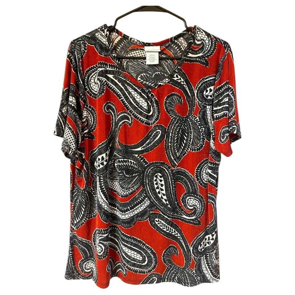 Женская блузка Jaclyn Smith бордовая черная с глубоким круглым вырезом короткий рукав пейсли размер XL - Изображение 1 из 4