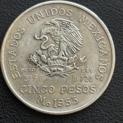 1953 Mexico Hidalgo 5 Cinco Pesos .720 Silver Circulated Coin - Image 1 of 2