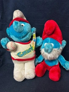 Vintage 1982 Schlumpf Plüschtier Baseball Schlumpf 12 Zoll & 1979 Poppa Schlumpf 10 Zoll sitzend - Bild 1 von 1