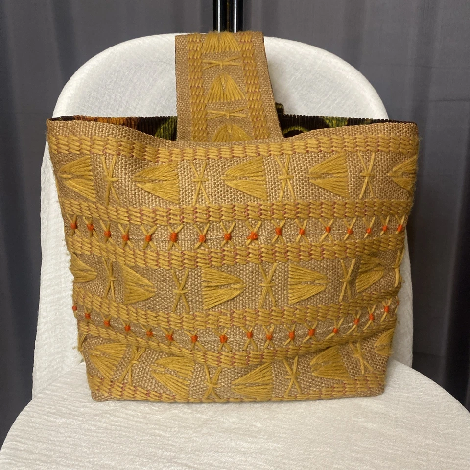 Bolso de Mano Vintage Años 70 Bordado Hilado Arpillera Naranja Amarillo Boho Hippie Foto 1 de 4