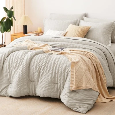 Queen Seersucker Comforter Set with Sheets Beige Bed in a Bag 7-Pieces All - Image 1 of 4