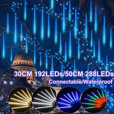 LED Meteor Shower Rain Lights Falling Icicle Snowfall Lights Garden Xmas Tree UK - Image 1 of 4