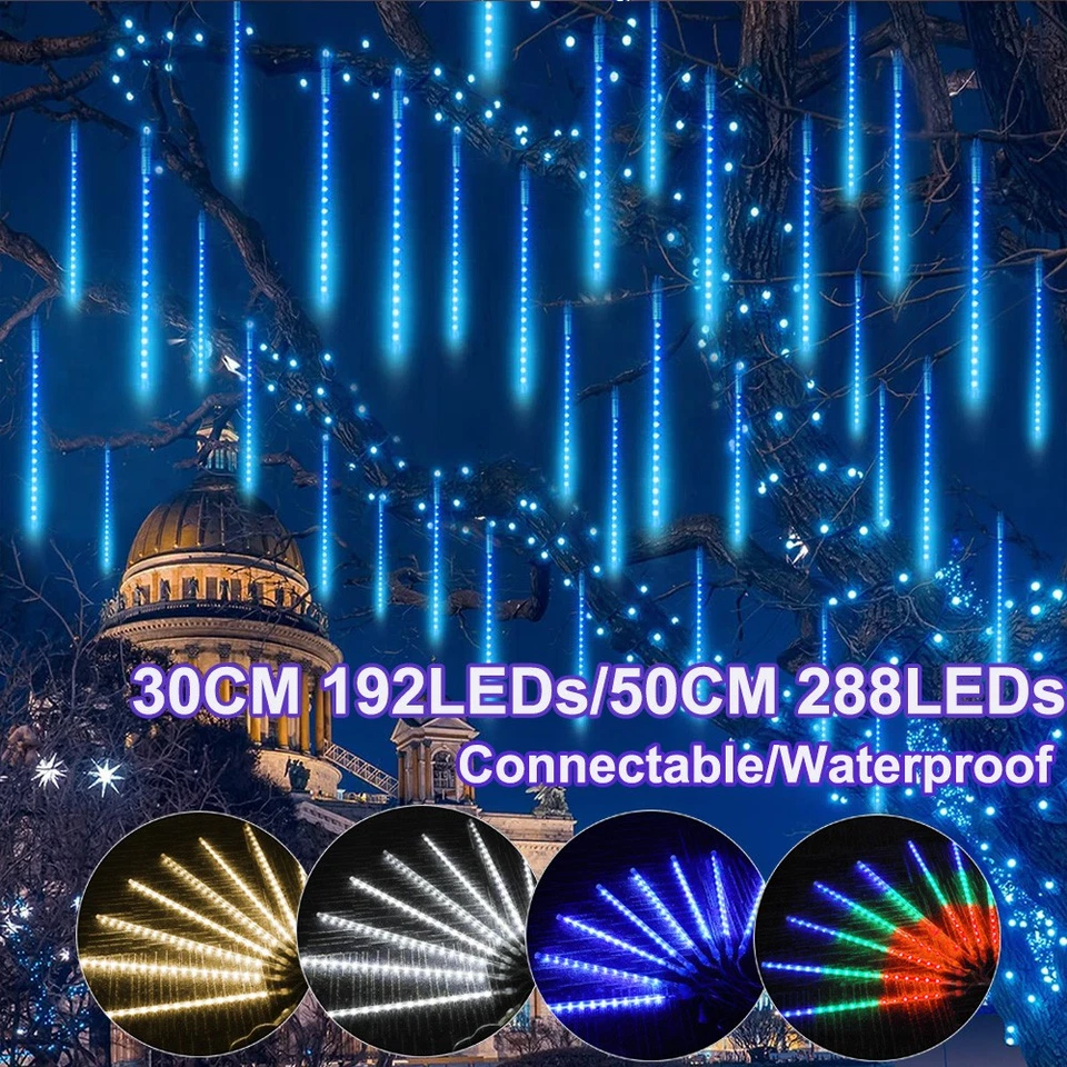 LED Meteor Shower Rain Lights Falling Icicle Snowfall Lights Garden Xmas Tree UK - Image 1 of 4