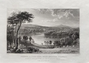 Impresión antigua de 1831; Penrose & Loe-Pool cerca de Helston, Cornualles después de Allom - Imagen 1 de 2