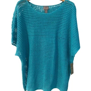 Chicos Sweater Womens Size 4 Open Stitch Waterloo Blue Dolman Sleeves Pool Side - Picture 1 of 7