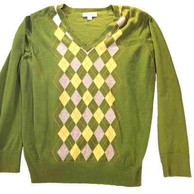 Suéter Merona Para Mujer XXL Verde Amarillo Argyle Cuadros Manga Larga Foto 1 de 4