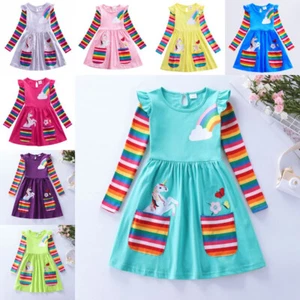 Girls Rainbow Unicorn Dress Long Sleeve Kids Princess Dress Xmas Party Clothes - Picture 1 of 23