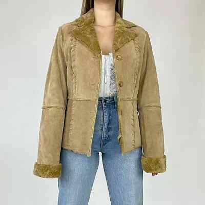 复古 1990 年代 Esprit 真皮绒面革棕褐色夹克! 尺寸 L — 第 1/4 张图片