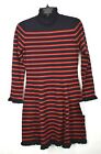 1901 Womens Striped Sweater Dress Ruffled Stand Collar Long Sleeves Navy Ribbon