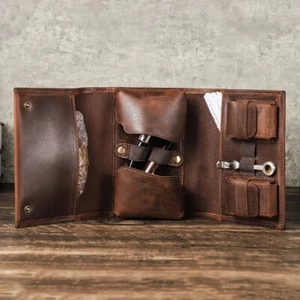 Travel Genuine Leather Tobacco Pipe Case Smoking Accessories Pipe Roll Pouch Bag - Picture 1 of 13