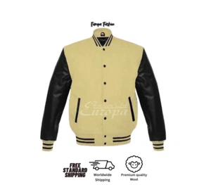 Varsity Baseball Letterman Jacket Men Black Premium Leather Sleeves - Picture 1 of 4