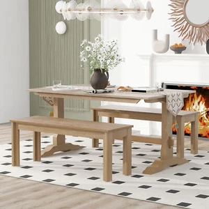 3-Piece Wood Dining Table Set Kitchen Table Set W/ 2 Dining Benches for 4 People - Picture 1 of 12