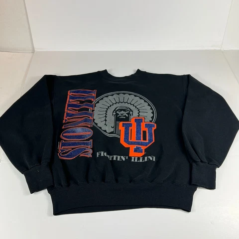 VTG 90s Illinois Fighting Illini Sweatshirt Adult Black Faded Big Logo Crewneck Cover