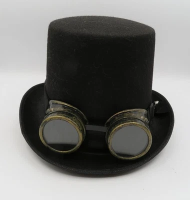 Halloween Cosplay Black Steampunk Felt Hat With Goggles Adult Size - Image 1 of 4