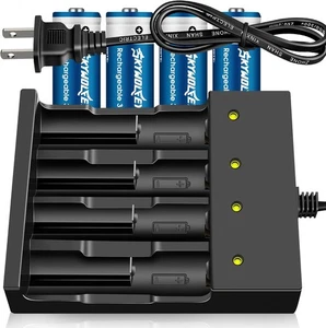 Lot de 4 batteries rechargeables 3,7 volts bouton haut et chargeur de batterie 18650,Lith - Photo 1/4