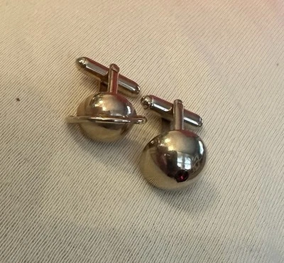Swank Cufflinks Gold Tone Planets, 1st Has Ring Around It 2nd Round W/red Stone - Image 1 of 4
