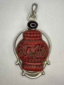 Beautiful VNT NOS Sterling Silver Handcrafted Red Cinnabar Carved Pendant! - Picture 1 of 7